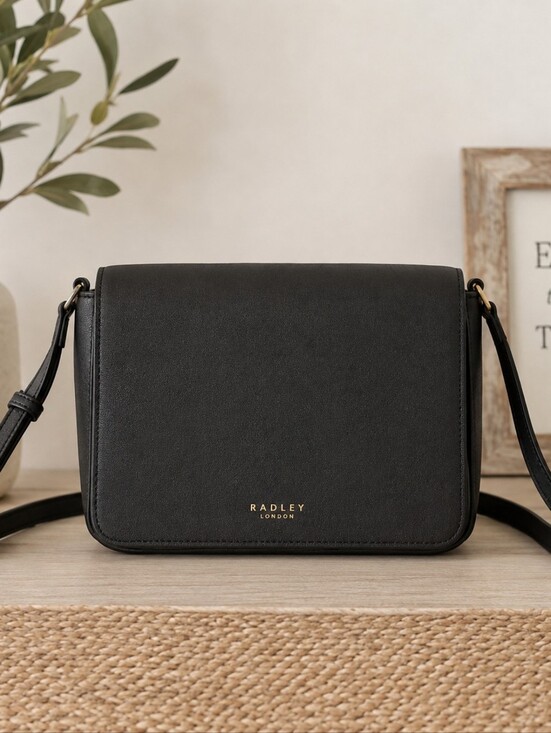 RADLEY LONDON Handbags - Radley London Flapover Crossbody Bag Pebbled Leather Black Long Strap